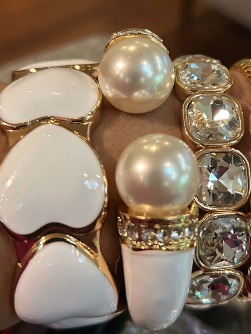Elegant White Pearl and Crystal Gold-Tone Statement Bracelet Set